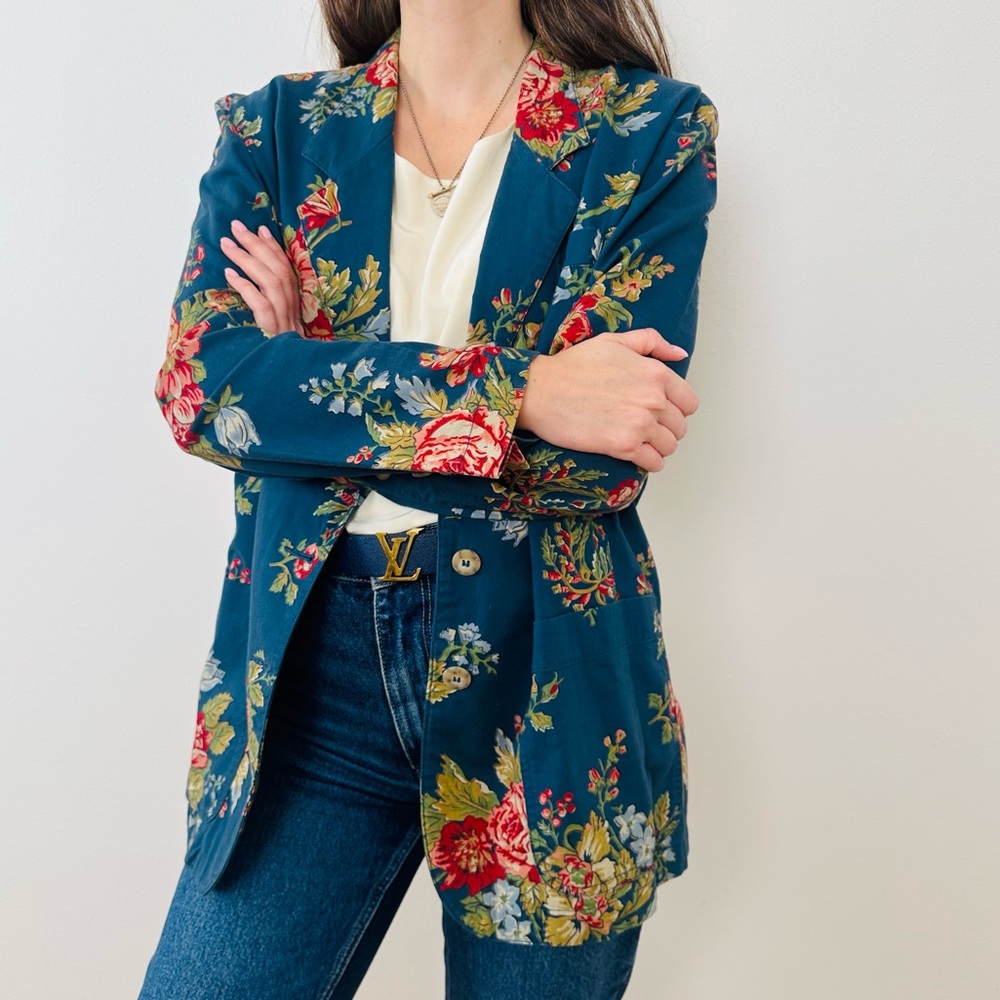 Vintage Liz Sport Floral Print Blazer Jacket, Oversized Long Fit Boho